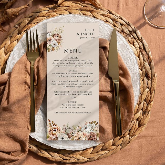 Menu Rustique automne Floral Brown Mariage campagnard n (Wedding Menu from Rustic Floral Brown Neutral Wedding Collection by Darling & May)