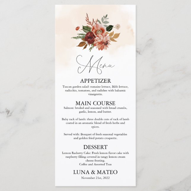 Menu Rustique Automne Floral Thème Mariage Dîner (Devant)