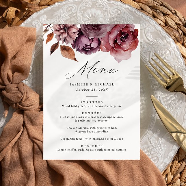 Menu Rustique Automne Marsala Floral Mariage (Créateur téléchargé)