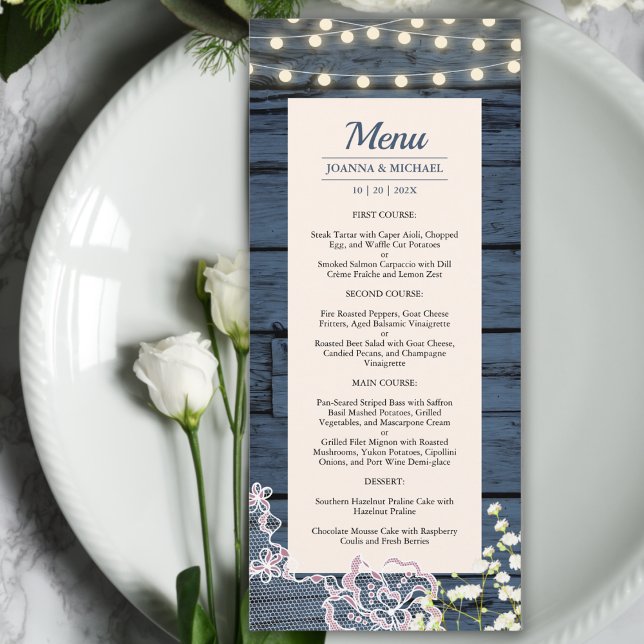 Menu Rustique Bleu Chaîne Lumières & Mariage dentelle (Créateur téléchargé)