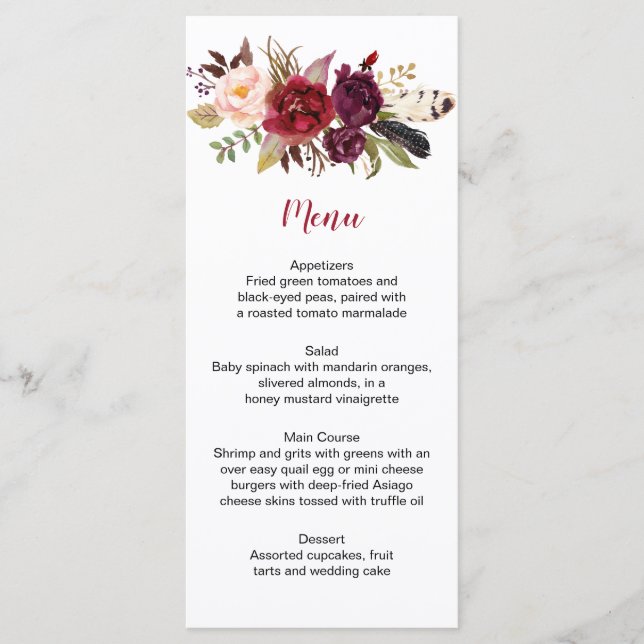 Menu Rustique Boho Marsala Floral Feathes Mariage (Devant)
