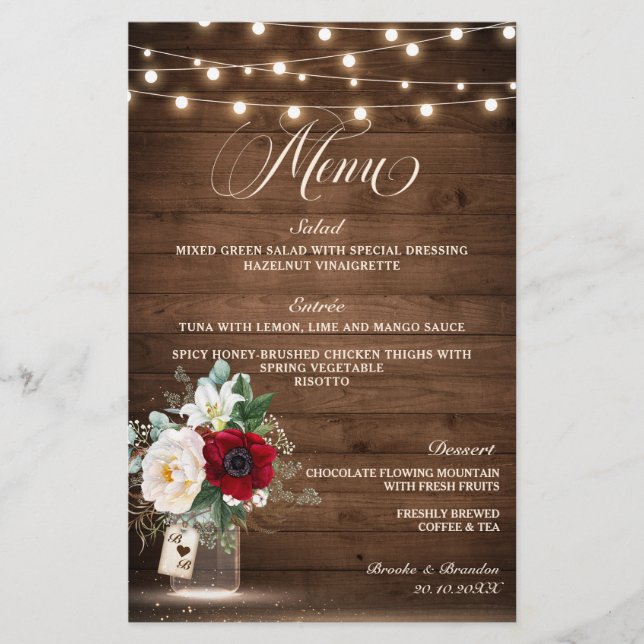 Menu Rustique Bourgogne Floral Mason Jar Wdding (Devant)