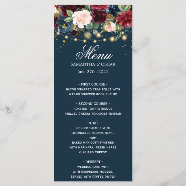 Menu Rustique Bourgogne Marine Bleu & Rouge Fleurs & Lu (Devant)