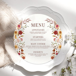 Menu Rustique Brown Automne Floral Mariage Round Flat M