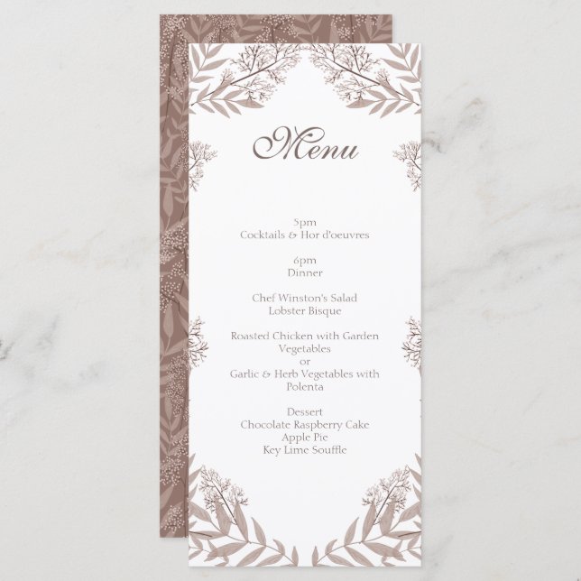 Menu Rustique Brown Mariage Vintage Botanique (Devant / Derrière)