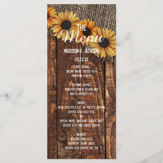 Menu Rustique Burlap Mariage campagnard de tournesol de (Devant)