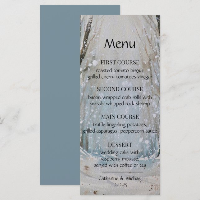 Menu Rustique Dusty Blue Winter Forest Mariage d'aquare (Devant / Derrière)