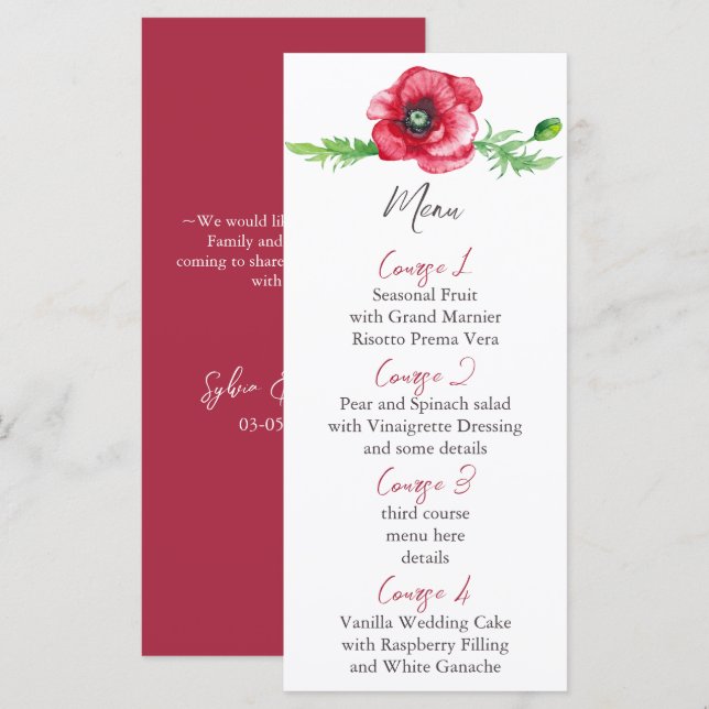 Menu Rustique Elegant Aquarelle Script Red Poppy Mariag (Devant / Derrière)