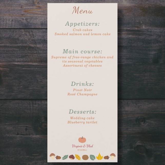 Menu rustique et Mariage de automne (Fall Wedding Menu - Front)