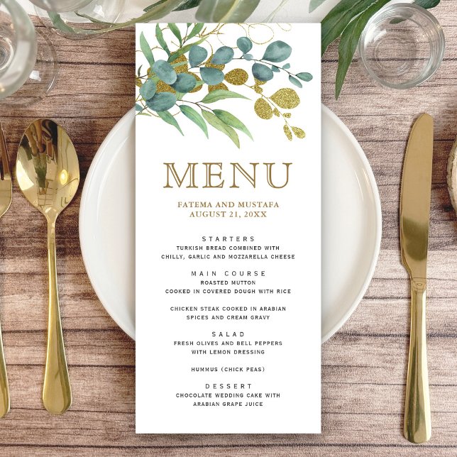 Menu Rustique Eucalyptus Gold Branch Détails du Mariage (Créateur téléchargé)
