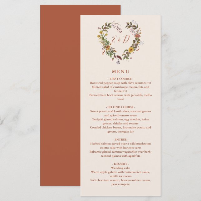 Menu Rustique Floral Automne Dîner Mariage de automne (Devant / Derrière)