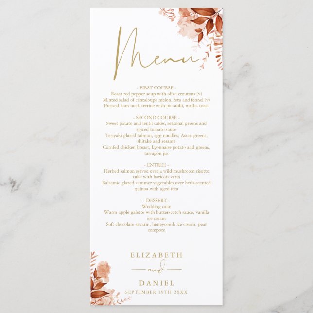 Menu Rustique Floral Automne Gold Mariage Dîner (Devant)