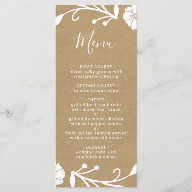 Menu Rustique Floral Botanique Wreath Faux Kraft Mariag (Devant)