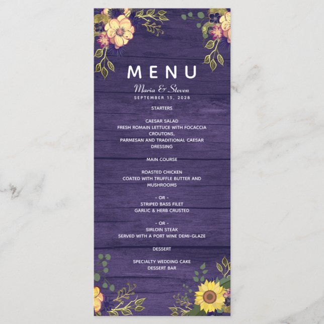 Menu Rustique Floral Violet Mariage (Devant)