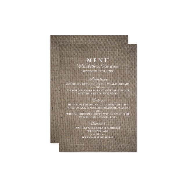 Menu Rustique Mariage Burlap (Devant/Arrière en situation)