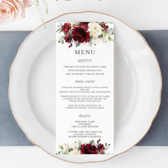 Menu Rustique Mariage ivoire Bourgogne Floral (Créateur téléchargé)