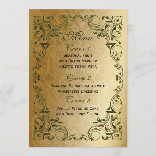 Menu Rustique Regal Ornamental Vert Et Mariage Or (Devant)