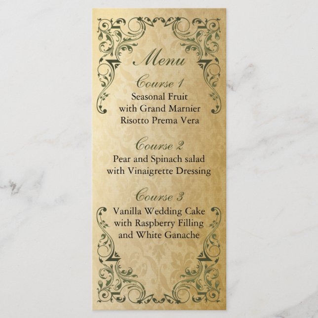 Menu Rustique Regal Ornamental Vert Et Mariage Or (Devant)
