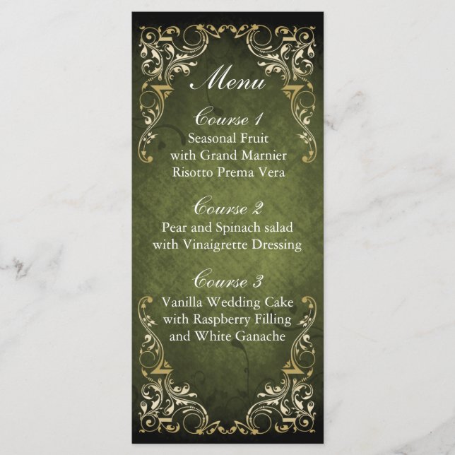 Menu Rustique Regal Ornamental Vert Et Mariage Or (Devant)