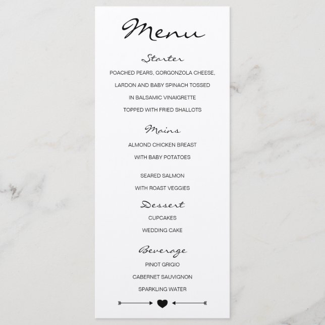 Menu Rustique Romantique Mariage avec coeur et flè (Devant)