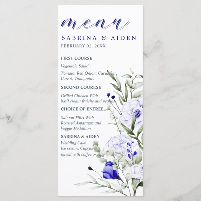 Menu Sade Of Royal Blue Ivory Floral Mariage (Devant)