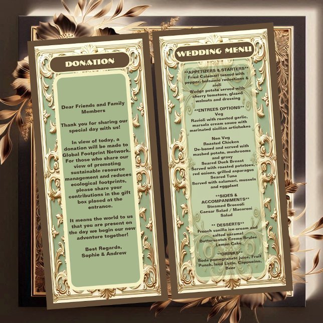 Menu Sage Green Baroque Grandeur Florals Motif Mariage (Sage Green Baroque Grandeur Florals Motif Wedding Menu)