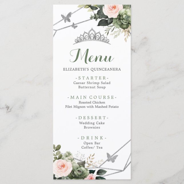 Menu Sage Green Blush Floral Girl XV Años Anniversaire (Devant)