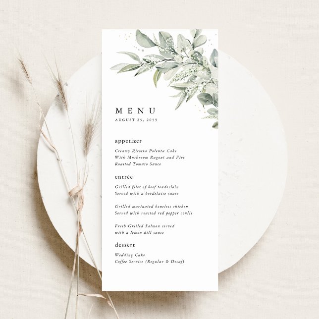 Menu Sage Green Botanical Watercolor Wedding Dinner (Sage green botanical watercolor wedding menu card, elegant minimalist reception stationery)