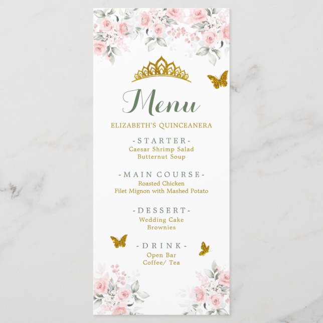 Menu Sage Green Gold Blush Floral Butterfly Quinceañera (Devant)