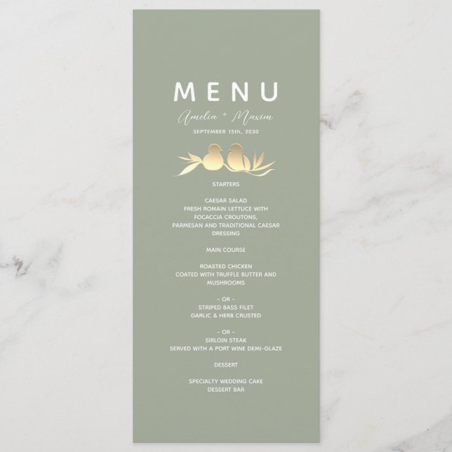 Menu Sage Green Gold Lovebirds Wedding (Devant)