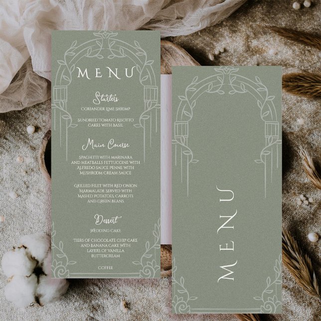 Menu Sage Green Ornate Arch Botanical Wedding Dinner  (Sage Green Ornate Arch Botanical Wedding Menu Card)