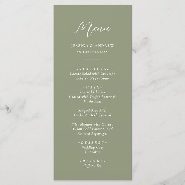 Menu Sage minimaliste vert & blanc Mariage simple (Devant)