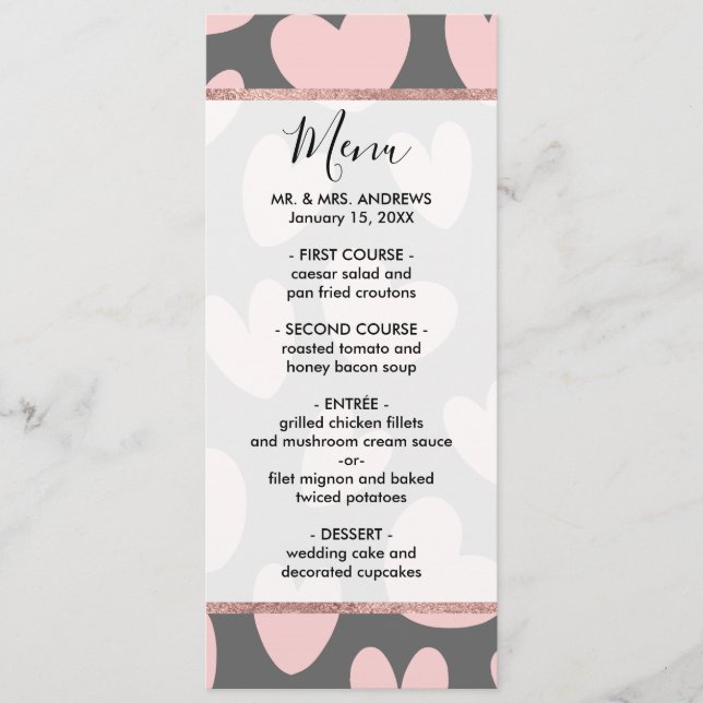 Menu Saint-Valentin Coeurs romantiques gris rose (Devant)