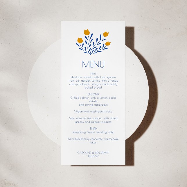 Menu Scandi Fleurs folkloriques Bleu Jaune Mariage pers (Créateur téléchargé)