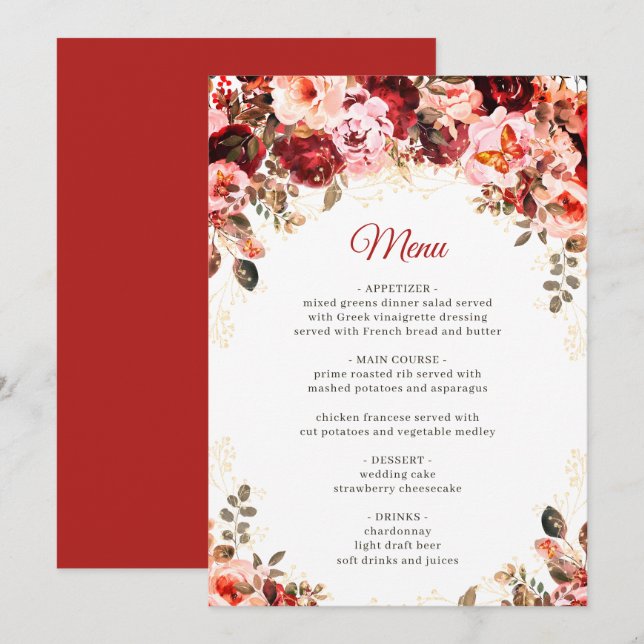 Menu Scarlet Elegance Gold Floral Quinceañera Birthday (Devant / Derrière)