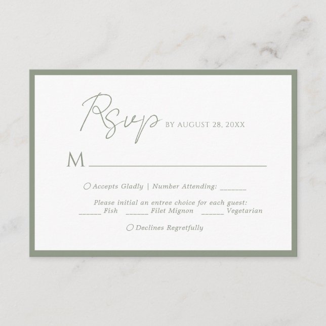 Menu Script Minimal Choix Sage Vert Mariage Rsvp (Devant)