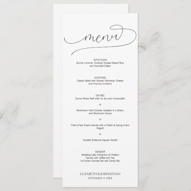 Menu Script minimal simple Mariage noir et blanc (Devant / Derrière)