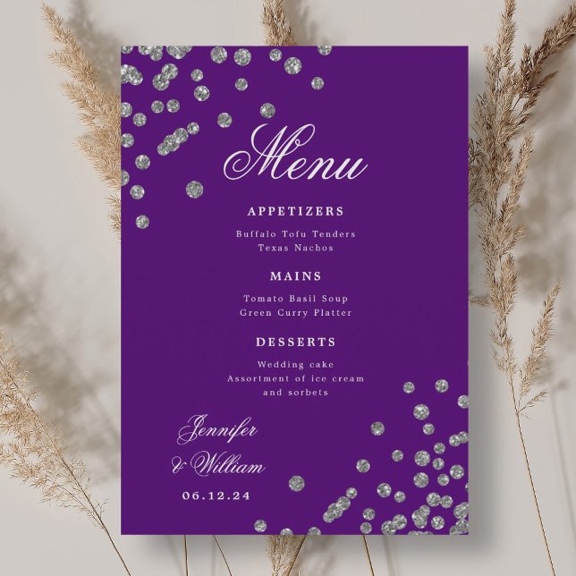 Menu Script romantique Mariage Confetti Argent violet (Romantic Script Wedding Confetti Silver Purple Menu)