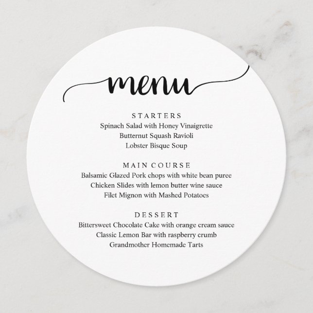 Menu Script Rustique Moderne, Dîner Mariage Elopement (Devant)
