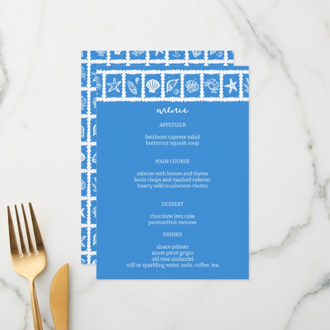 Menu Seashell Grid Plage Mariage Bleu Blanc CUSTOM (Devant/Arrière en situation)