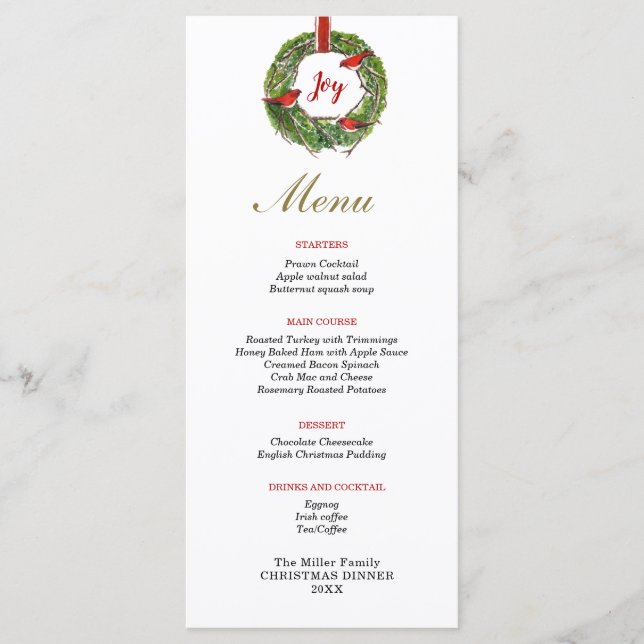Menu Serre avec arc et cardinaux Dîner de Noël (Devant)