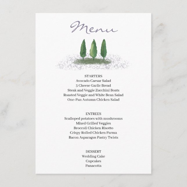 Menu Service de Mariage de Lavande d'arbre forestier (Devant)