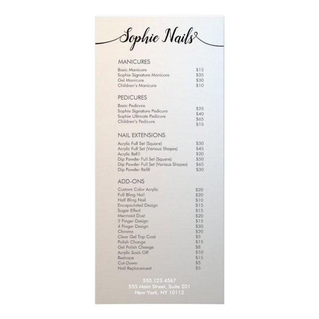 Menu Service Tarif Salon Calligraphie Simple (Devant)