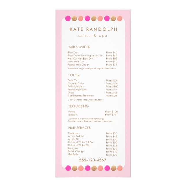 Menu Service Tarifs du Salon Rose Cute (Devant)