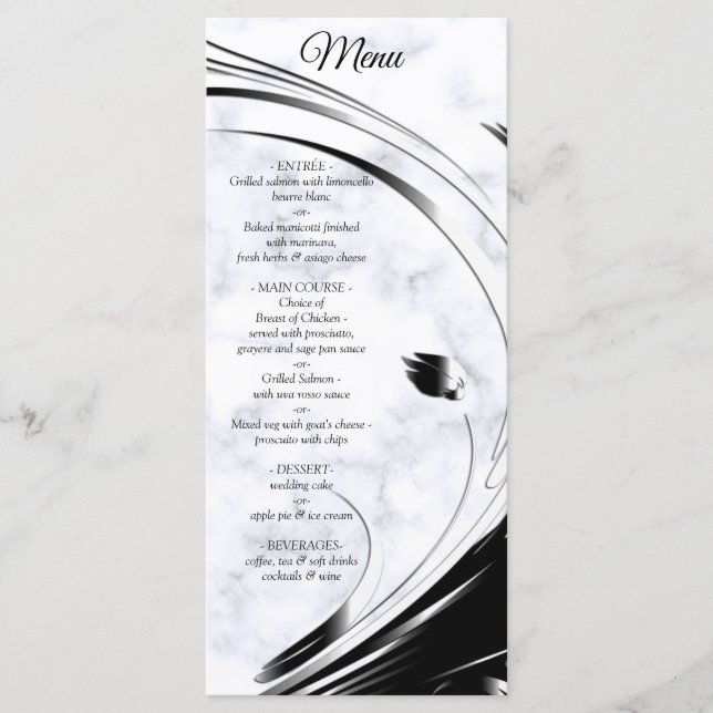 Menu Silhouette noire moderne élégante sur Marbre blanc (Devant)