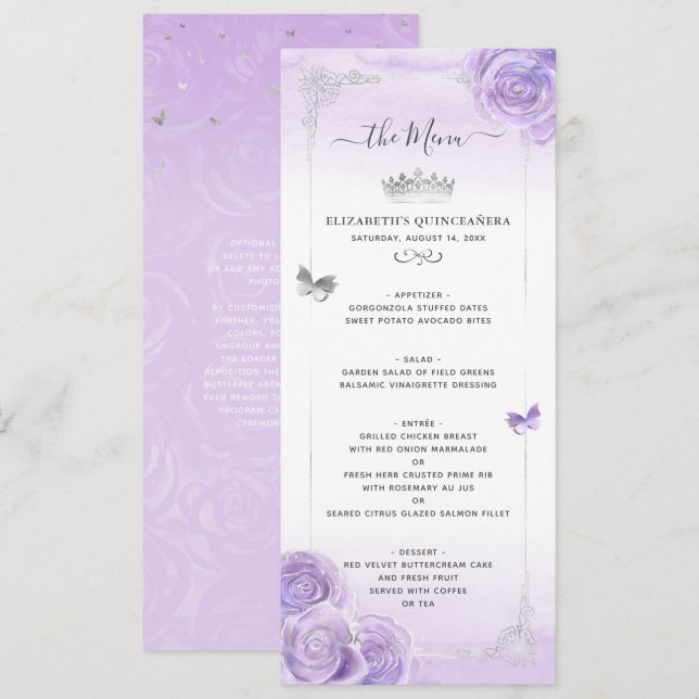 Menu Silver Clair violet Roses Élégant Floral (Devant / Derrière)