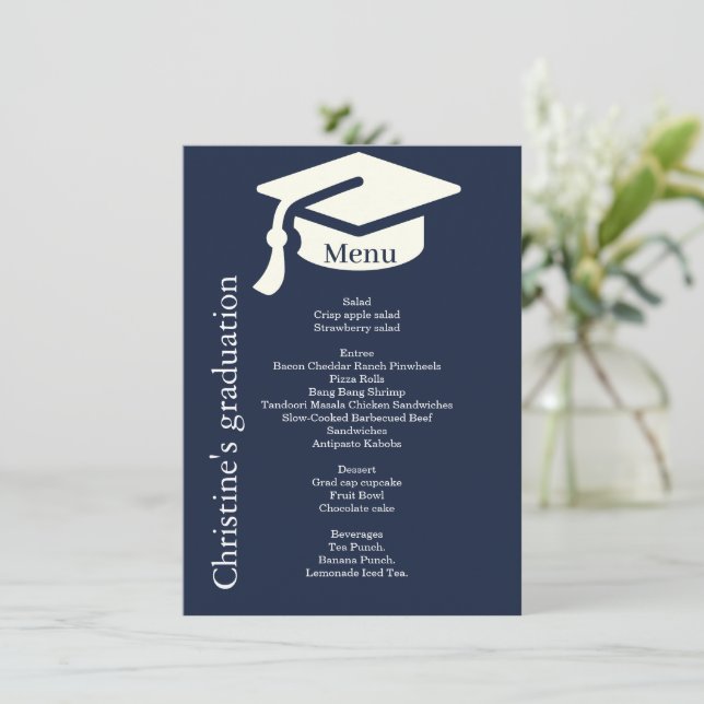 Menu simple bleu marine Graduation soirée dîner (Debout devant)