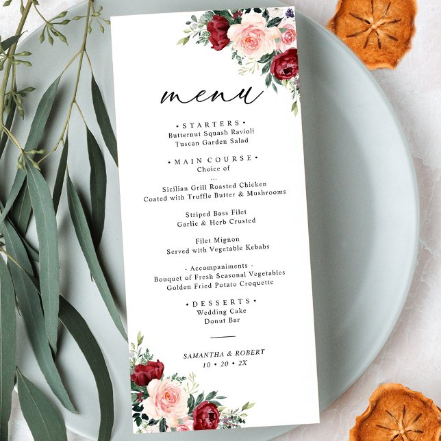 Menu simple Boho Burgundy Blush Floral Mariage Men (Créateur téléchargé)