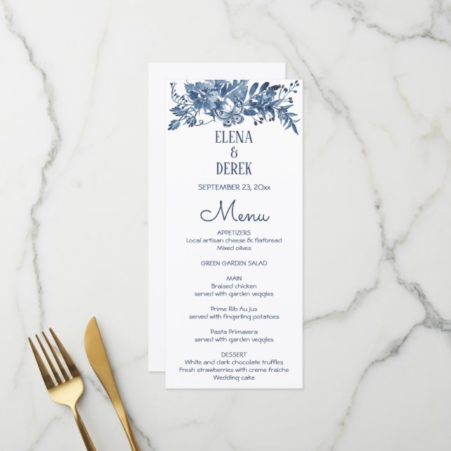 Menu Simple Classique Bleu, Blanc Floral Mariage (Devant/Arrière en situation)