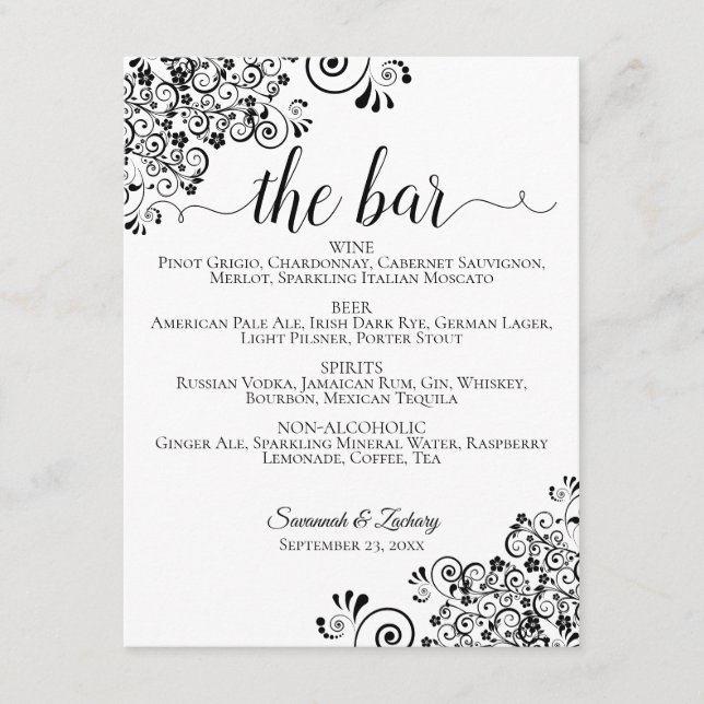 Menu simple de la barre de Mariages noir et blanc (Devant)